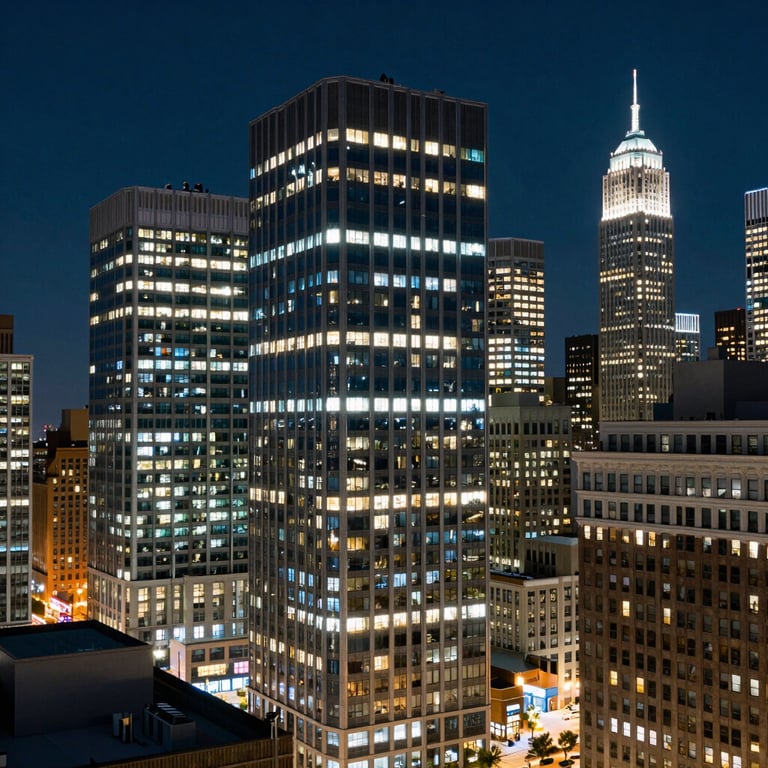 A modern urban skyline in a North American city at night, with buildings illuminated by energy-efficient LED lights reflecting slate blue hues.