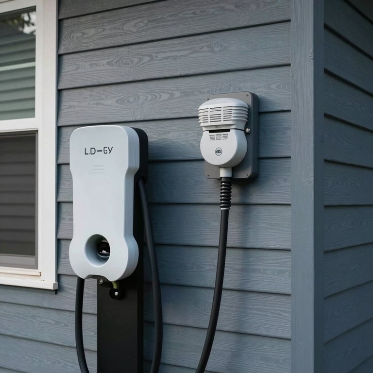A contemporary North American residential exterior featuring a sleek electric vehicle charging station and a smart meter integrated into gray-blue siding.