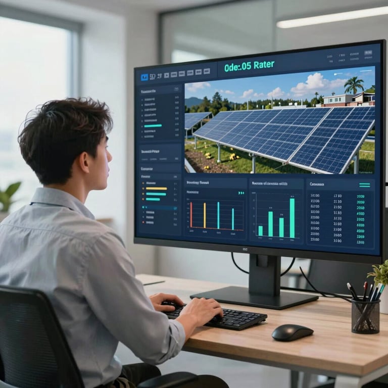 A professional analyst in a bright, modern US office space, looking at a digital dashboard of renewable energy metrics on a large screen.