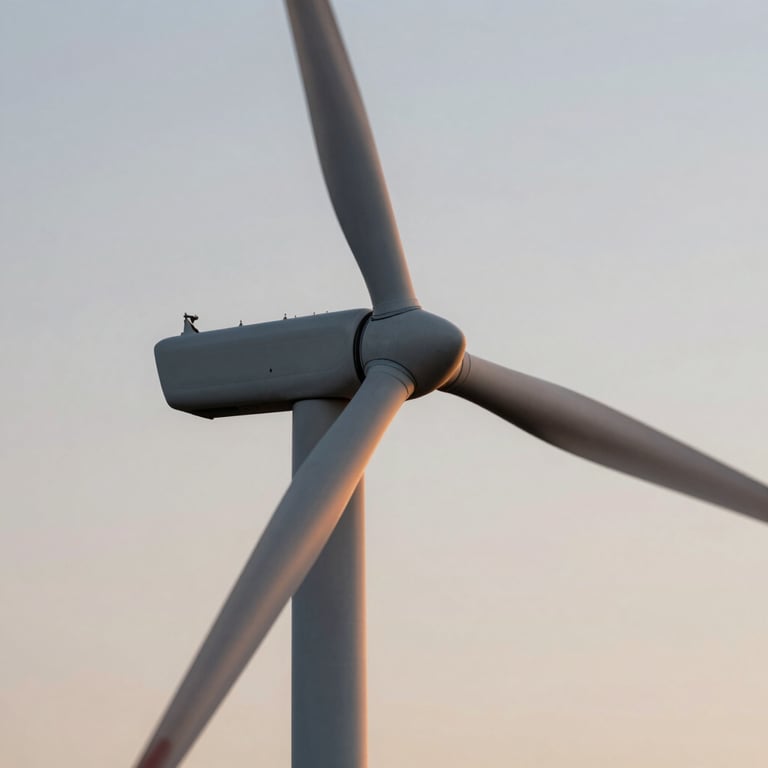 A close-up of modern wind turbine blades rotating against a soft dawn sky in the US Midwest, emphasizing clean lines and technological power.