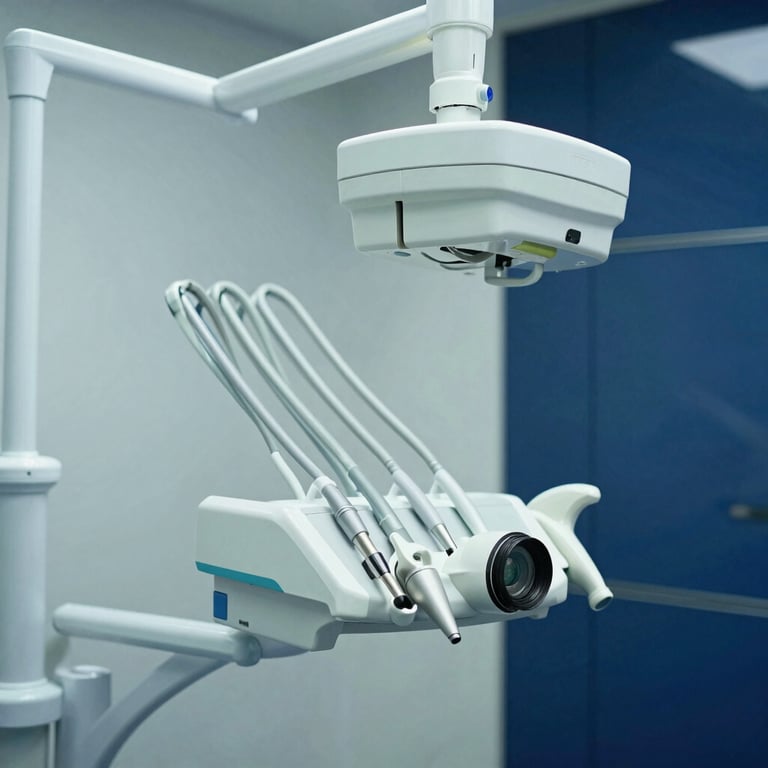 High-tech dental equipment in a sterile, bright room with a palette of light gray and dark blue.