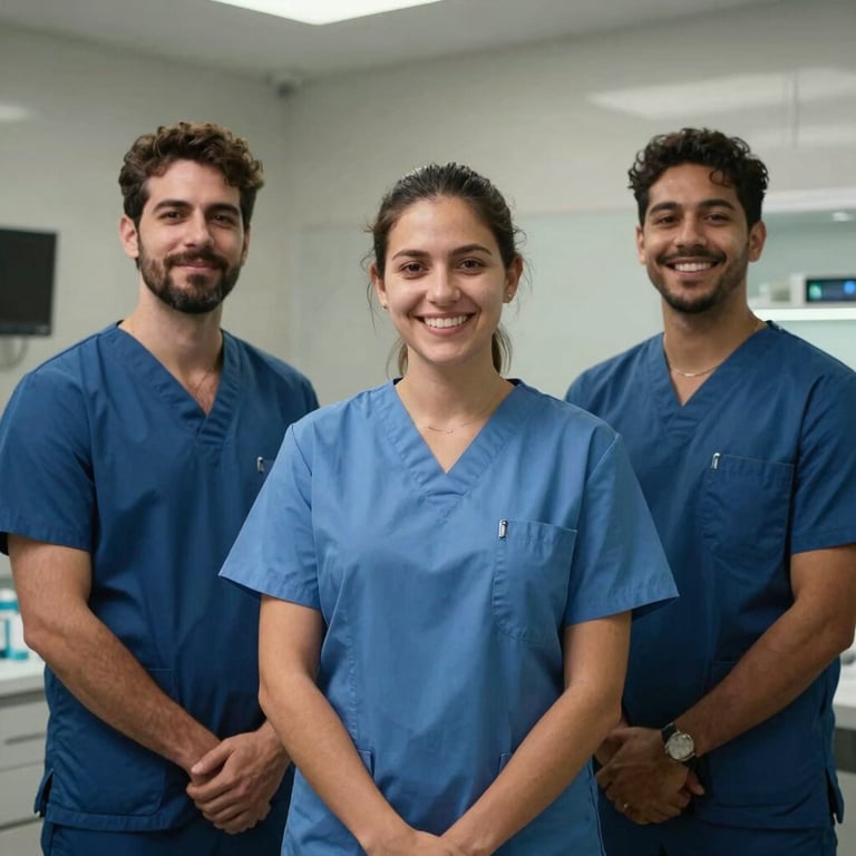 Professional portrait of a dental team in a South American / Brazilian clinic, wearing modern scrubs in medium blue.