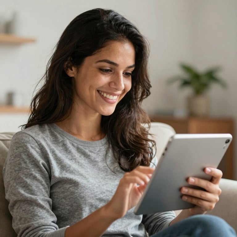 A happy Brazilian patient at home smiling while looking at a tablet screen during a consultation.