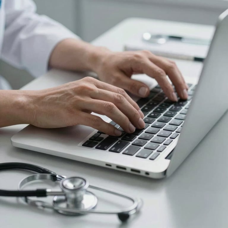Close-up of a dentist's hands typing on a laptop with a stethoscope and dental tools nearby on a light gray desk.