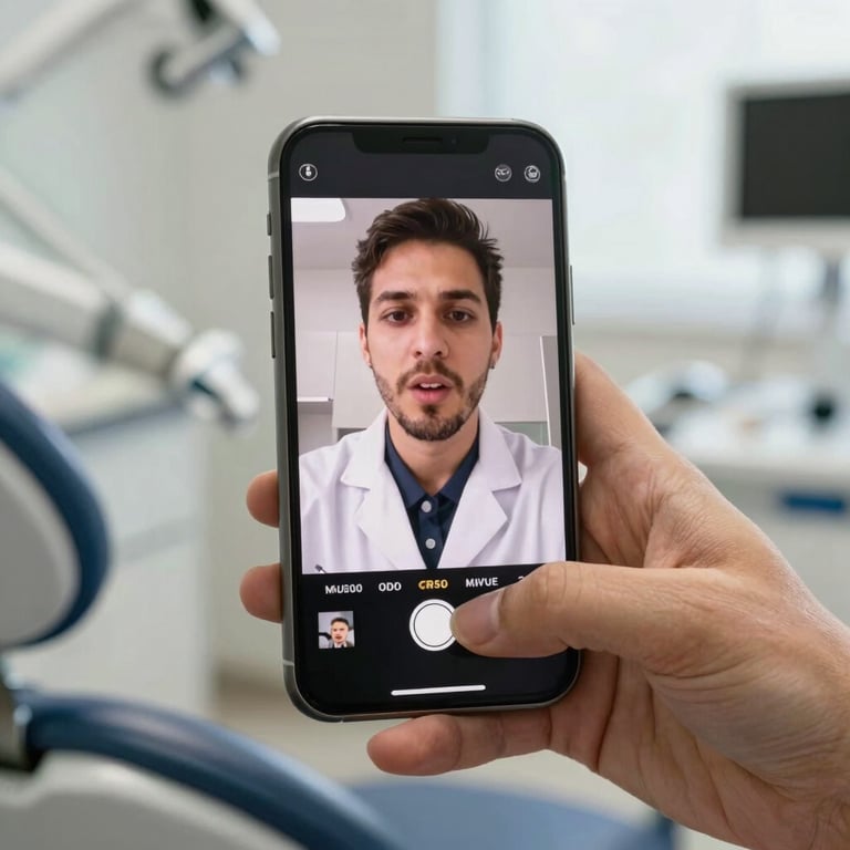 A South American / Brazilian dentist explaining a procedure through a video call on a smartphone, soft natural light.