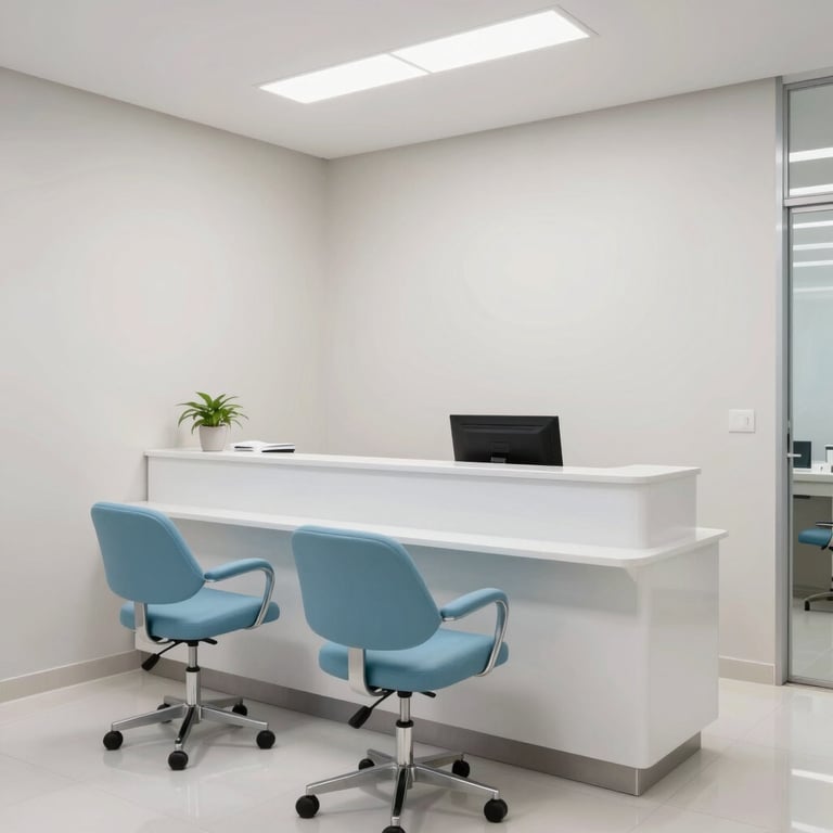 Modern and clean dental office reception in Brazil with light blue chairs and white walls.