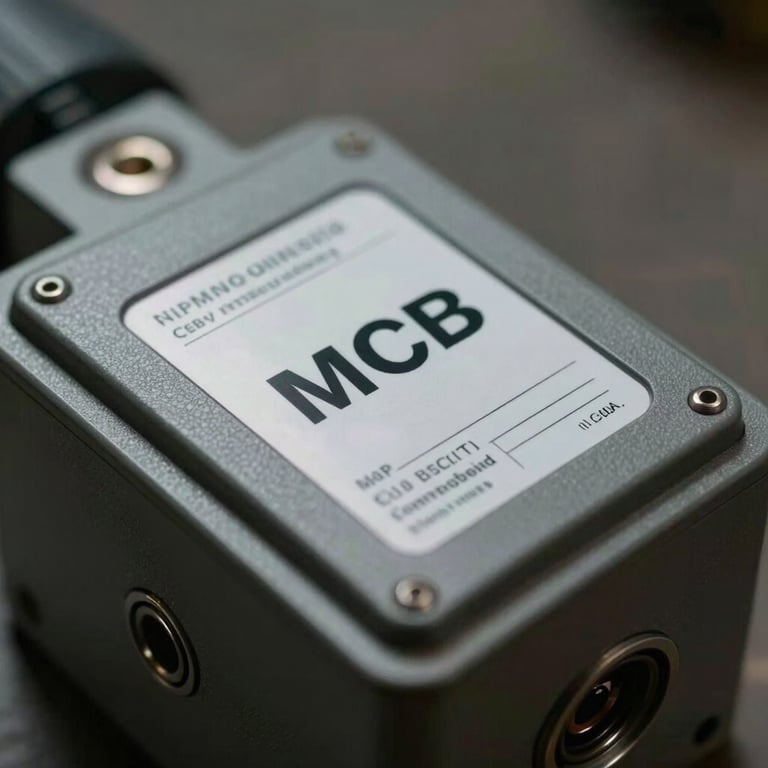 Close-up of a modern MCB box with clear labeling and premium finish, studio lighting.