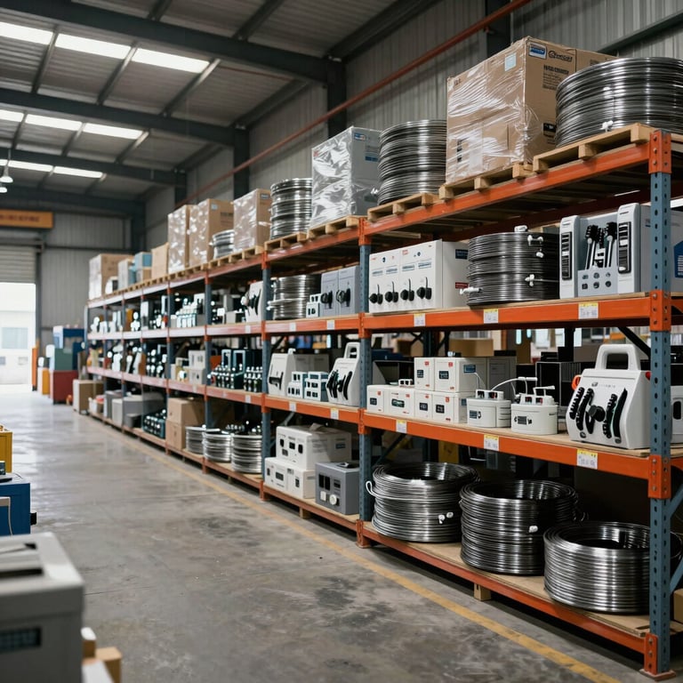 A wide shot of a modern industrial warehouse in India stocked with Wire Grip products and electrical hardware.