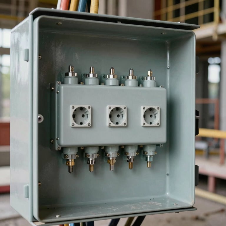 Installation of industrial plugs and sockets into a heavy-duty distribution box at a construction site.