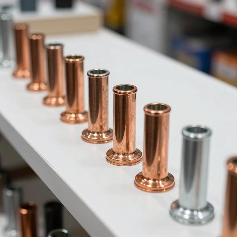 A row of heavy-duty copper and aluminium lugs displayed on a clean white surface in a South Asian showroom.