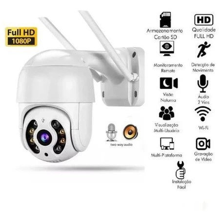 Full HD 1080P wireless outdoor security camera with motion detection and night vision icons.