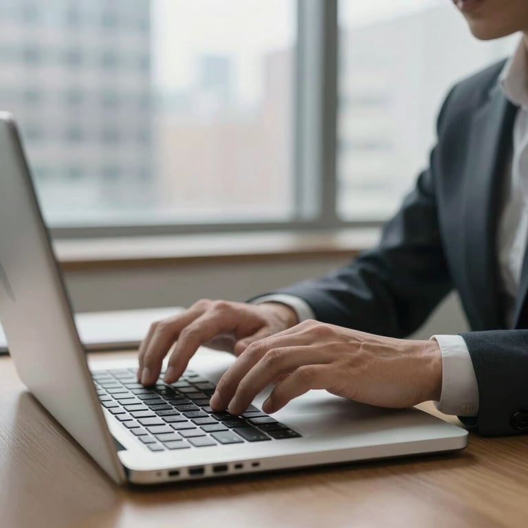 Close-up of hands typing on a secure laptop in a bright, modern remote office in New York City, soft natural window light, professional atmosphere.