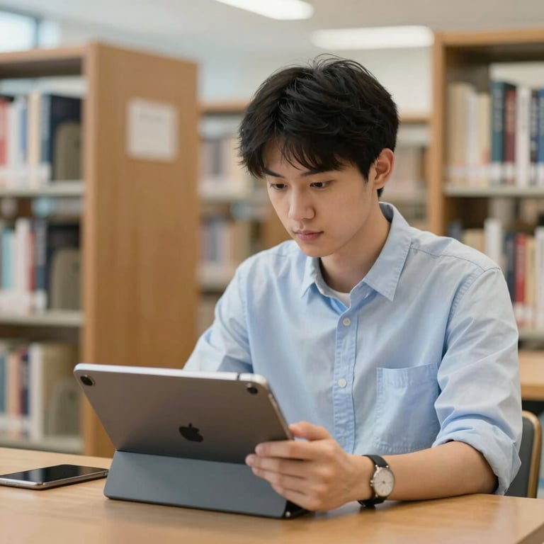 A professional student in a modern library environment, confidently using SlideForge on an iPad Pro.