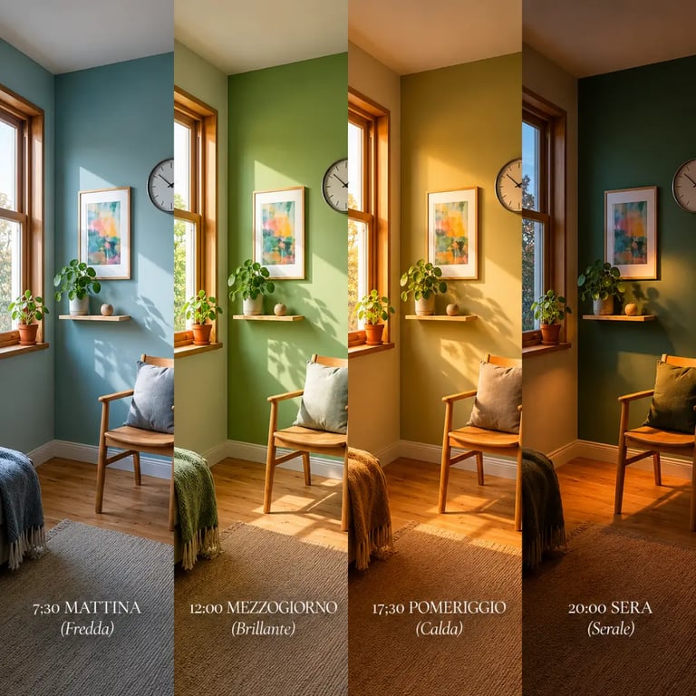 4 immagini a confronto di una parete che con la luce diversa delle varie ore del giorno cambia colore