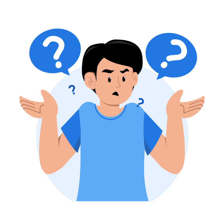 Confused man shrugging with question mark speech bubbles, representing doubt and uncertainty.