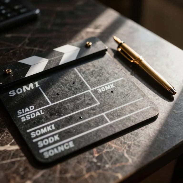 Macro shot of a high-end production slate resting on a dark marble desk next to a gold fountain pen, warm direct sunlight casting sharp geometric shadows, 35mm.