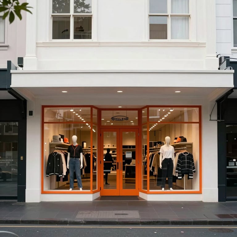A wide shot of a newly painted retail storefront in a busy Auckland shopping district, showing clean lines and bold brand colors.
