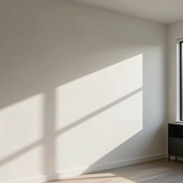Sunlight hitting a perfectly finished off-white wall in a modern New Zealand living room, showcasing the smooth texture and quality.