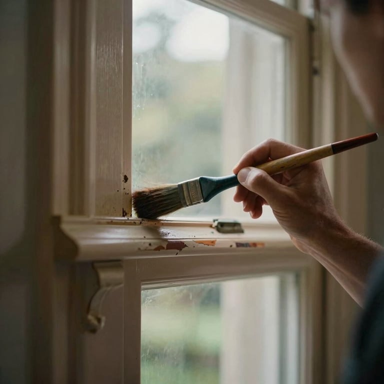 Detailed shot of a painter's hand using a brush on intricate wooden window trim of a restored Auckland villa.
