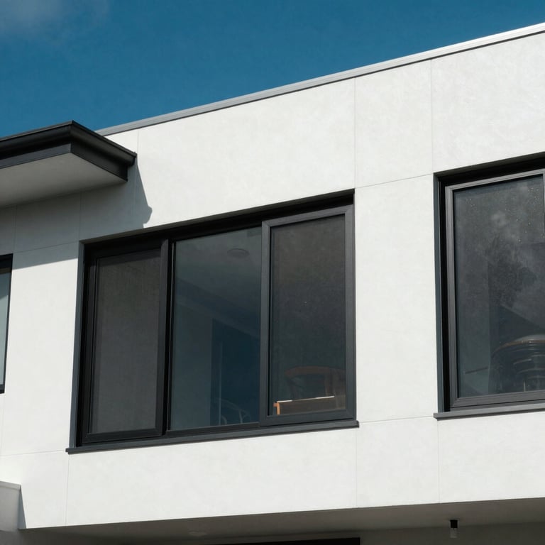 A freshly painted modern residential exterior in Auckland, featuring crisp white walls and black window frames under a clear blue sky in Oceanic / New Zealand.