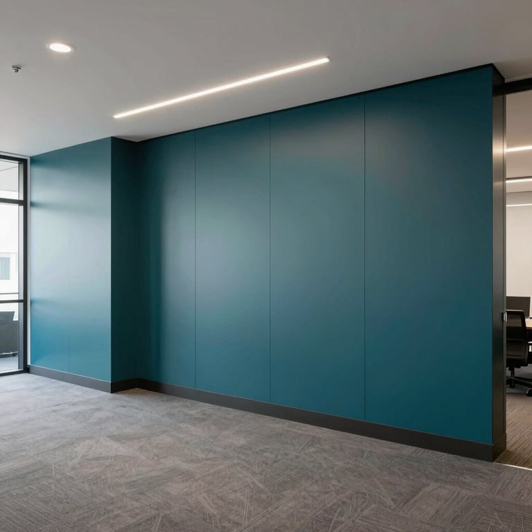 Interior of a premium commercial office space in Auckland with perfectly smooth deep teal accent walls and professional lighting.