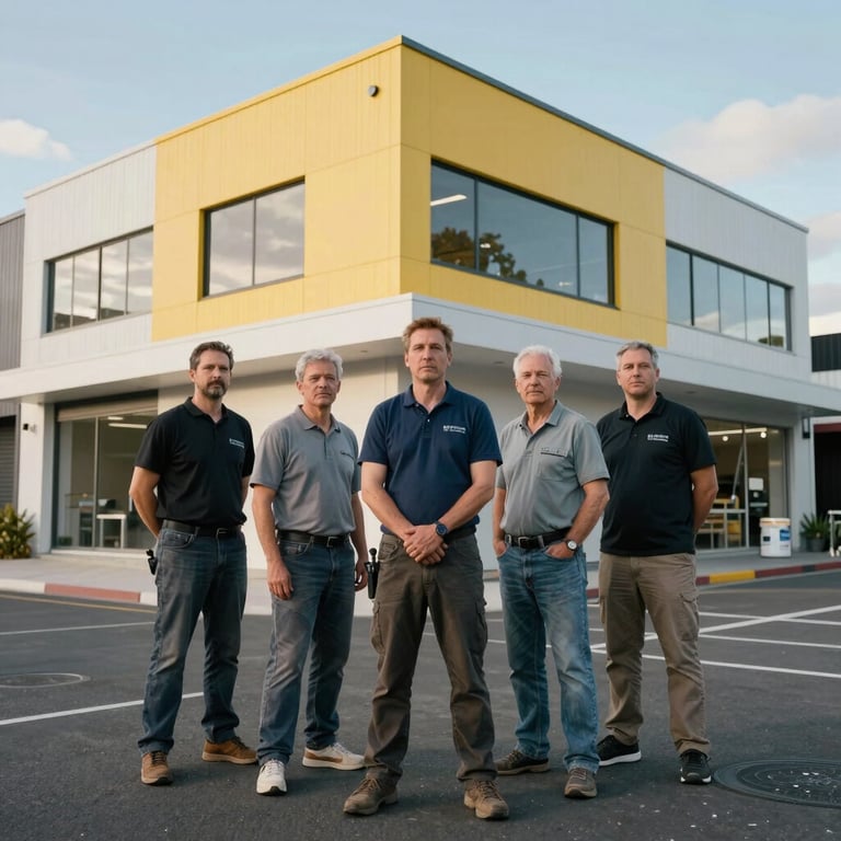 A team of professional painters standing in front of a completed large-scale commercial project in Auckland, looking professional and proud.