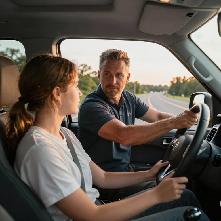 A defensive driving instructor guiding a student inside a clean, modern vehicle, view from the passenger side showing the road ahead in North Carolina, warm golden hour light.