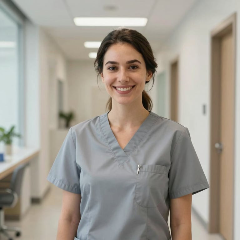 Unposed professional portrait of a female dentist in clean slate gray scrubs, smiling warmly in a light-filled modern clinic hallway, natural lighting