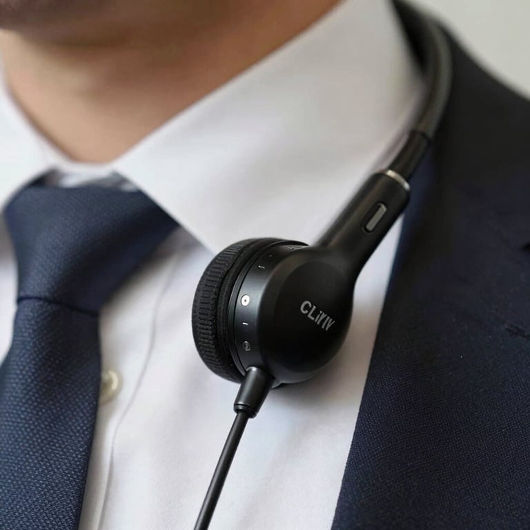 Detail shot of a professional communication earpiece and formal attire, representing discreet authority.