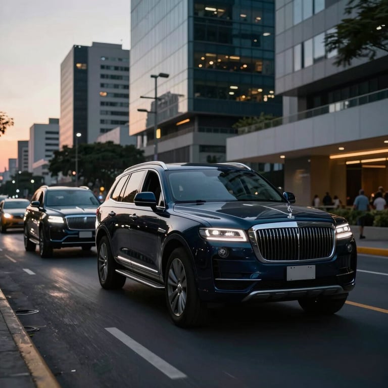 A motorcade of dark luxury SUVs driving through a modern South American city at dusk, Dark Navy atmosphere.