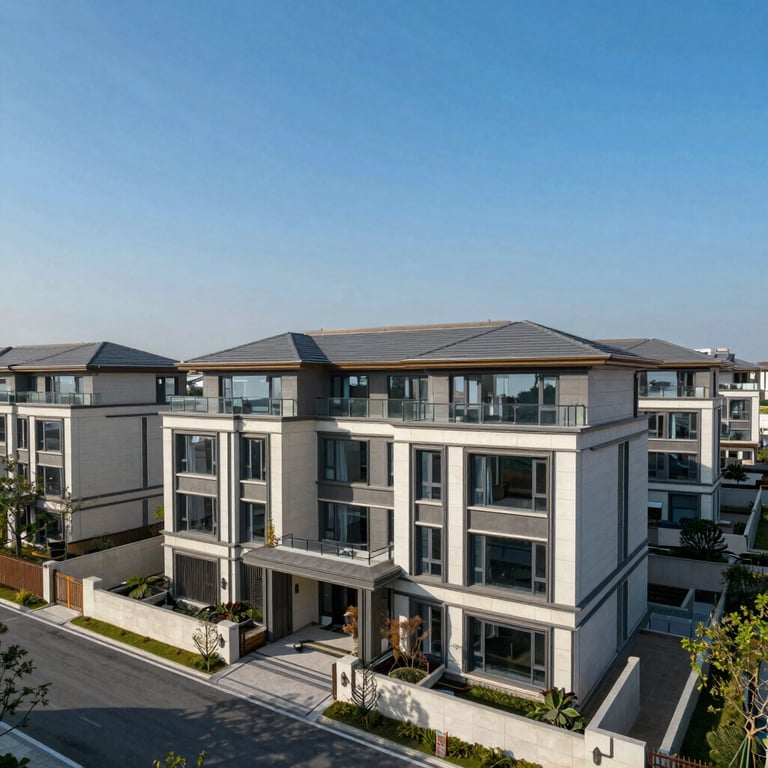 Aerial view of a well-secured luxury estate with modern architecture under a Steel Blue sky.