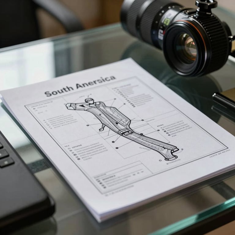 Close-up of a tactical planning document on a glass desk, professional soft lighting, South American setting.
