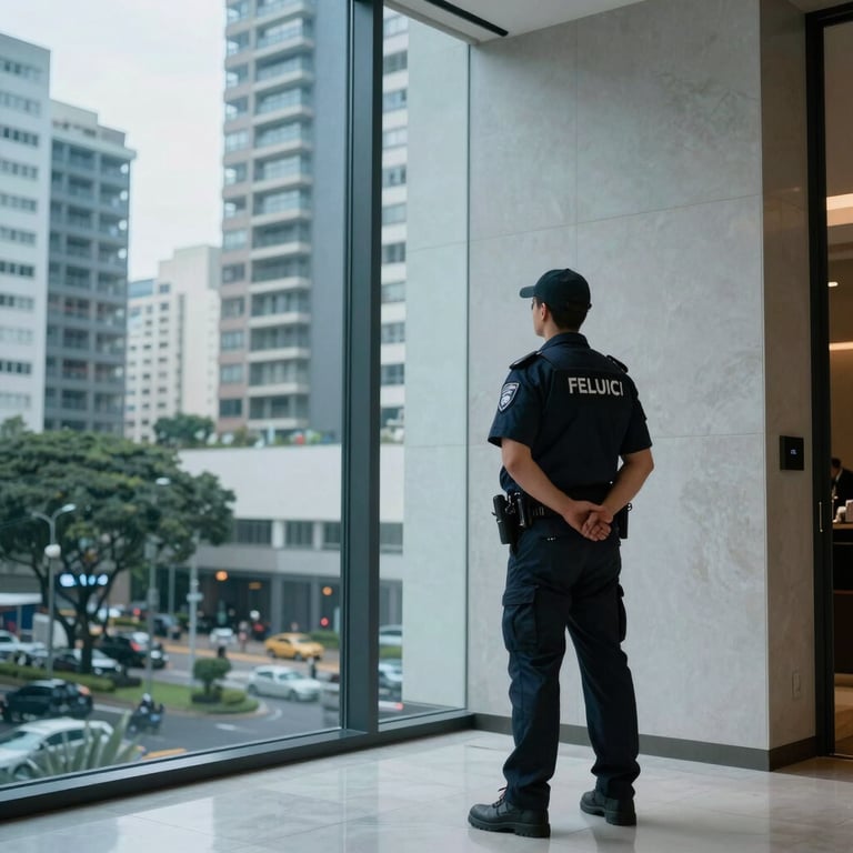 A discreet security professional surveying a high-end residential lobby in São Paulo, Steel Blue tones.