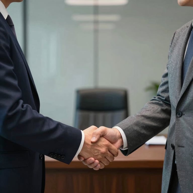A handshake between two executives in a secure, high-end office, Off-White and Blue Gray palette.