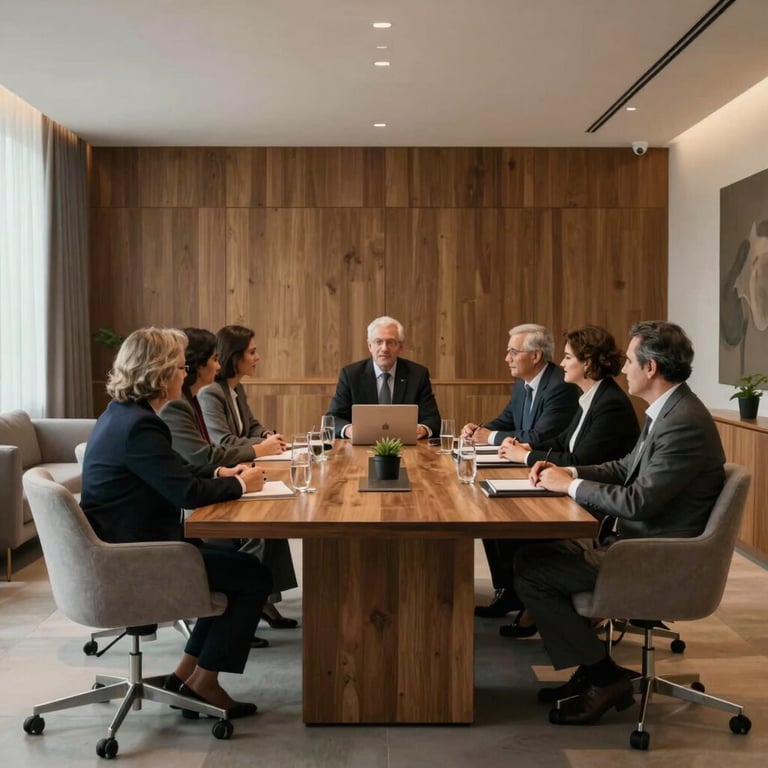 A sophisticated meeting room in Santarém with minimalist design and comfortable seating for business consulting.