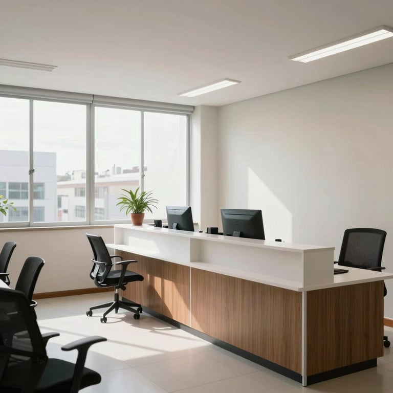 Bright interior of a Brazilian accounting firm with large windows and a clean, organized reception area.