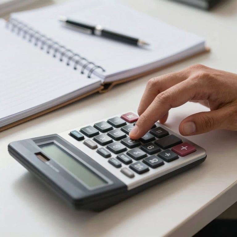 Close-up of a South American Brazilian accountant's hands working on a digital calculator and organized ledgers.