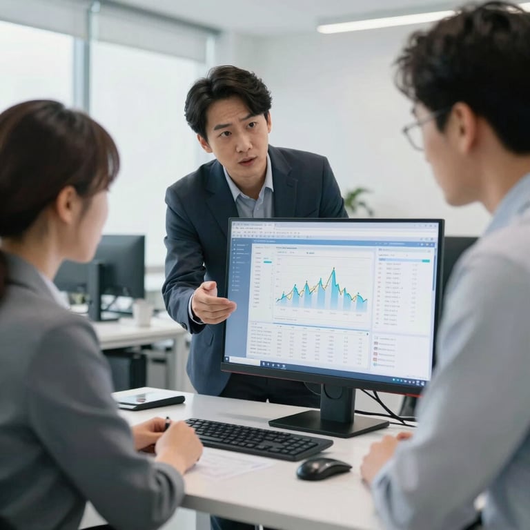 Professional colleagues discussing financial data on a monitor in a clean, modern white and blue office.