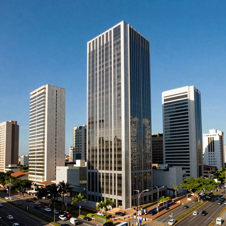 A wide shot of a modern business district in Santarém, Brazil, under a bright blue sky, conveying professional growth.