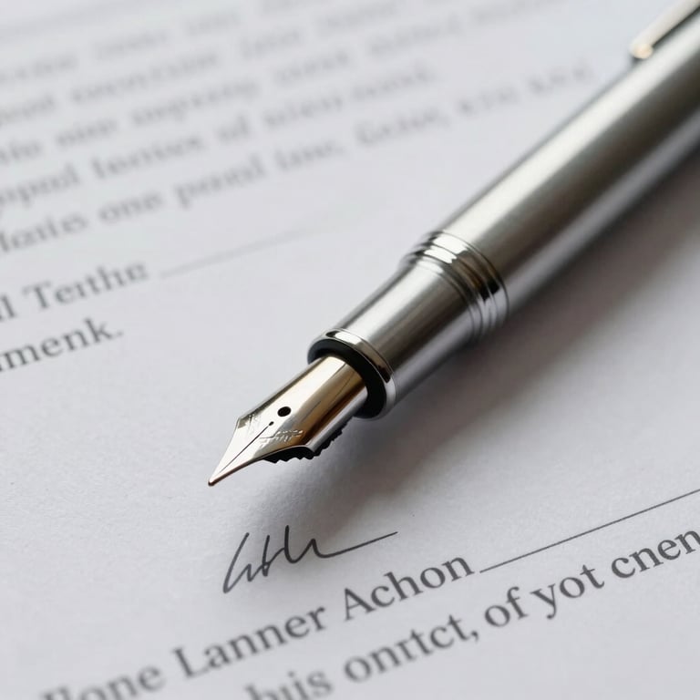 Detailed view of a silver fountain pen resting on a signed accounting contract, reflecting legal compliance.