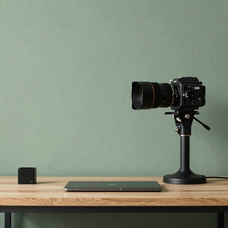 A modern workspace with minimalist equipment against a background of sage green textured walls.