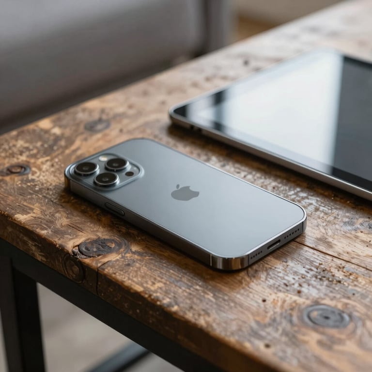 A close-up of a modern smartphone and tablet on a rustic reclaimed wood coffee table in a North American / US setting, soft natural light.