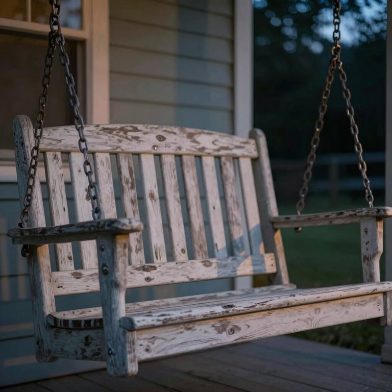 Close-up of a rustic porch swing at dusk with soft lighting, evoking a sense of calm and hospitality, North American / US.