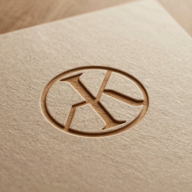 Detail of a clean, modern logo engraved on a wooden surface, soft parchment and warm tan sand tones.
