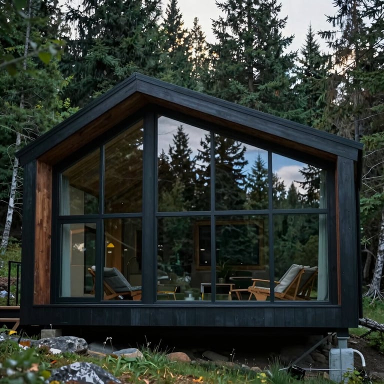 A wide shot of a contemporary mountain cabin with large glass windows reflecting a dark forest green forest, North American / US.