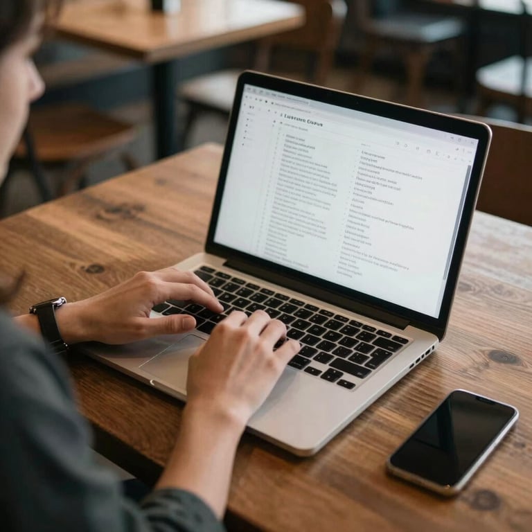A high-angle shot of a digital designer working on a laptop at a local community cafe, warm atmosphere, North American / US.