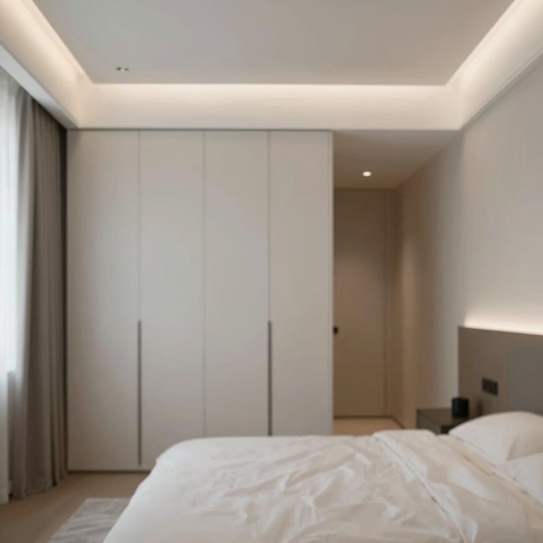 Minimalist bedroom interior after renovation, showcasing clean lines, integrated lighting, and high-quality craftsmanship.