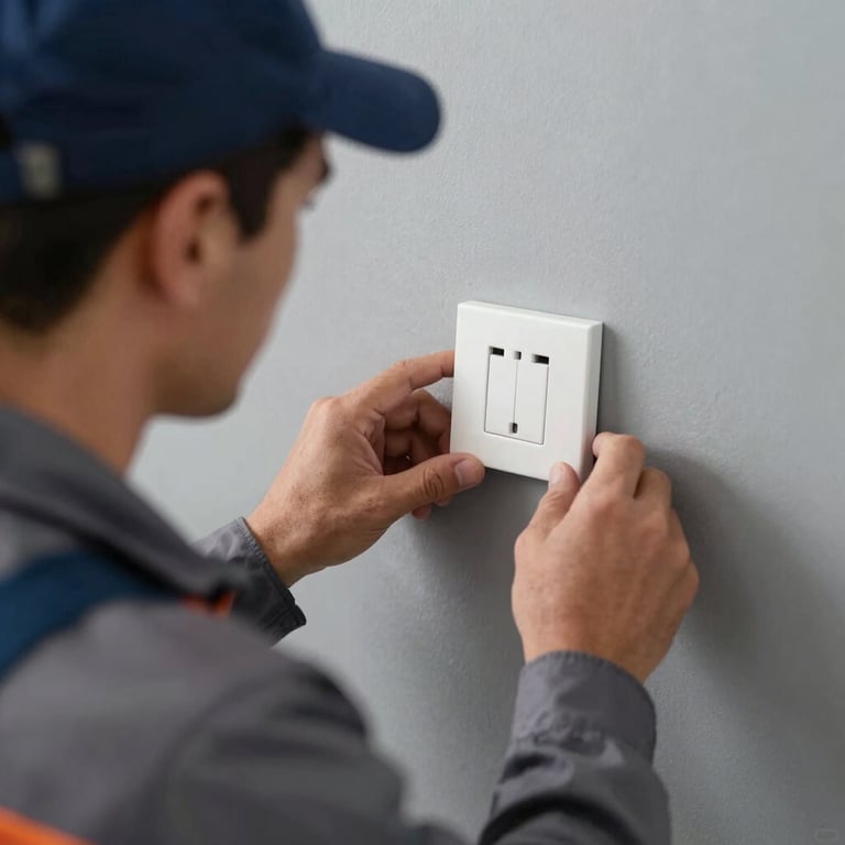 Close-up of a professional electrician in workwear installing a designer light switch on a polished grey wall.