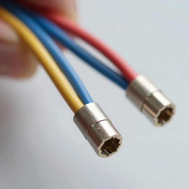 Macro shot of neatly crimped electrical wires and connectors, highlighting technical precision and reliability.