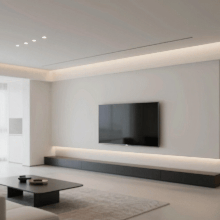 Modern living room with expertly installed recessed LED lighting in the ceiling, professional finish, palette of #ECEFF1 and #90A4AE.